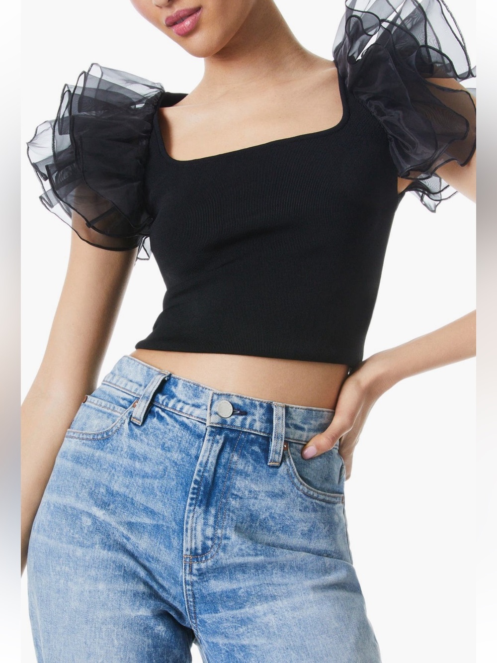 Women's Alice + Olivia Black Ribbed Puff Sleeve Top XS NWT